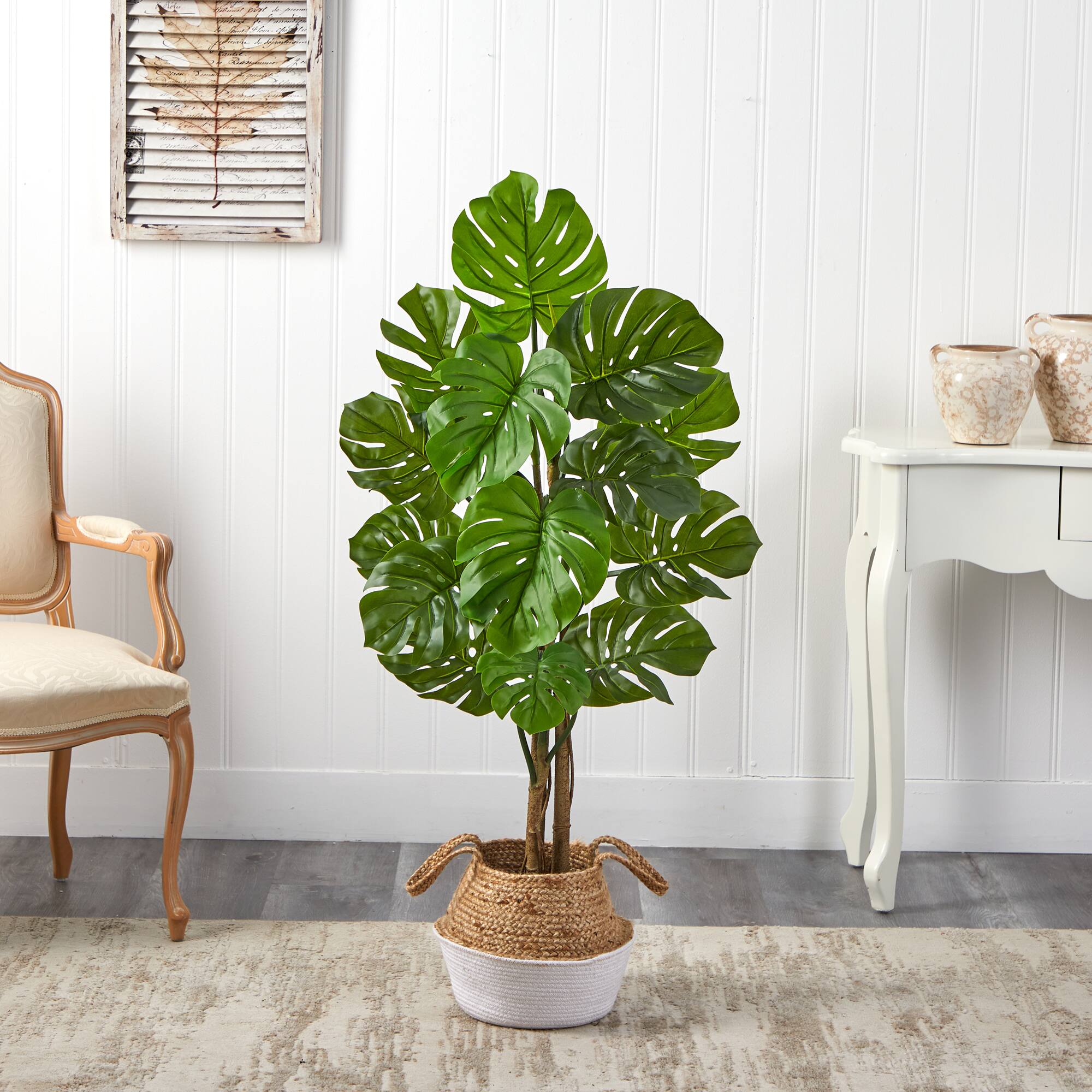 4ft. Monstera Artificial Tree in Boho Chic Handmade Cotton & Jute White Woven Planter UV Resistant (Indoor/Outdoor)